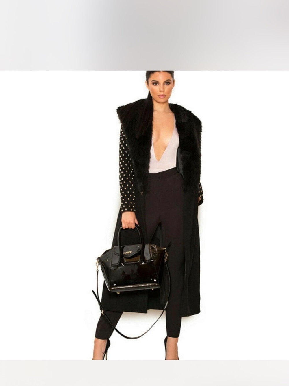 Black Faux Fur Collar Long Coat - Women